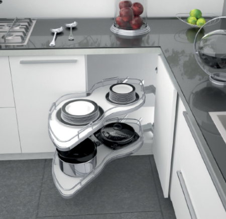 Pull out shelves for corner cabinet, two melamine shelves with chrome railing. UK