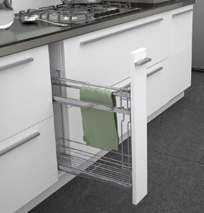 Soft close pull out base unit fitted with chrome rail base and towel rail UK