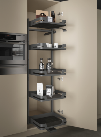 Evo full extension pull out and soft closing elle larder with painted sheet metal baskets. UK