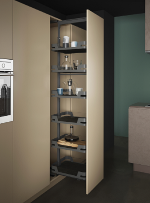Evo full extension pull out and soft closing larder with painted sheet metal baskets UK