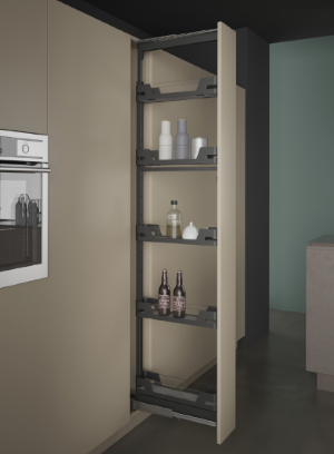 Evo full extension pull out and soft closing narrow larder with painted sheet metal baskets UK